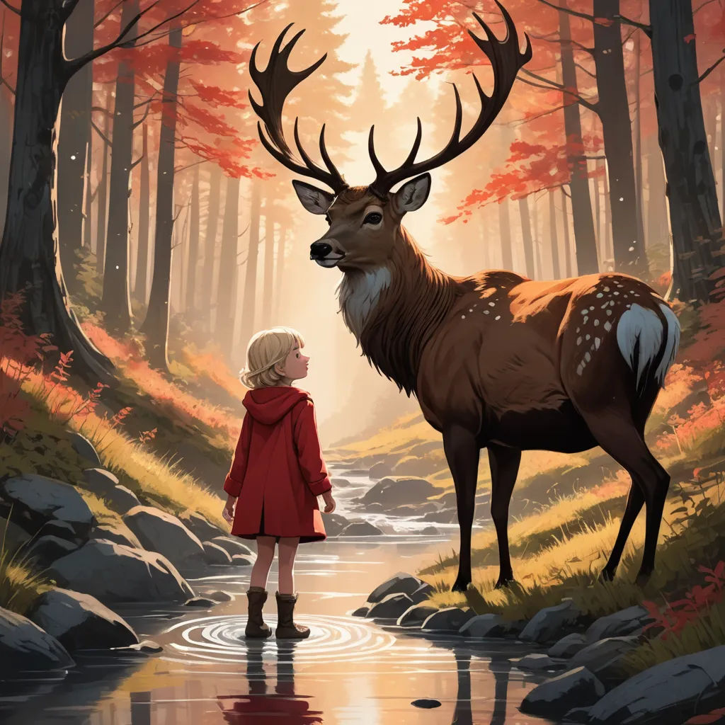 a girl standing next to a deer in a forest with a stream in front of her and a forest scene behind her, environmental art, a storybook illustration, Atey Ghailan, leesha hannigan