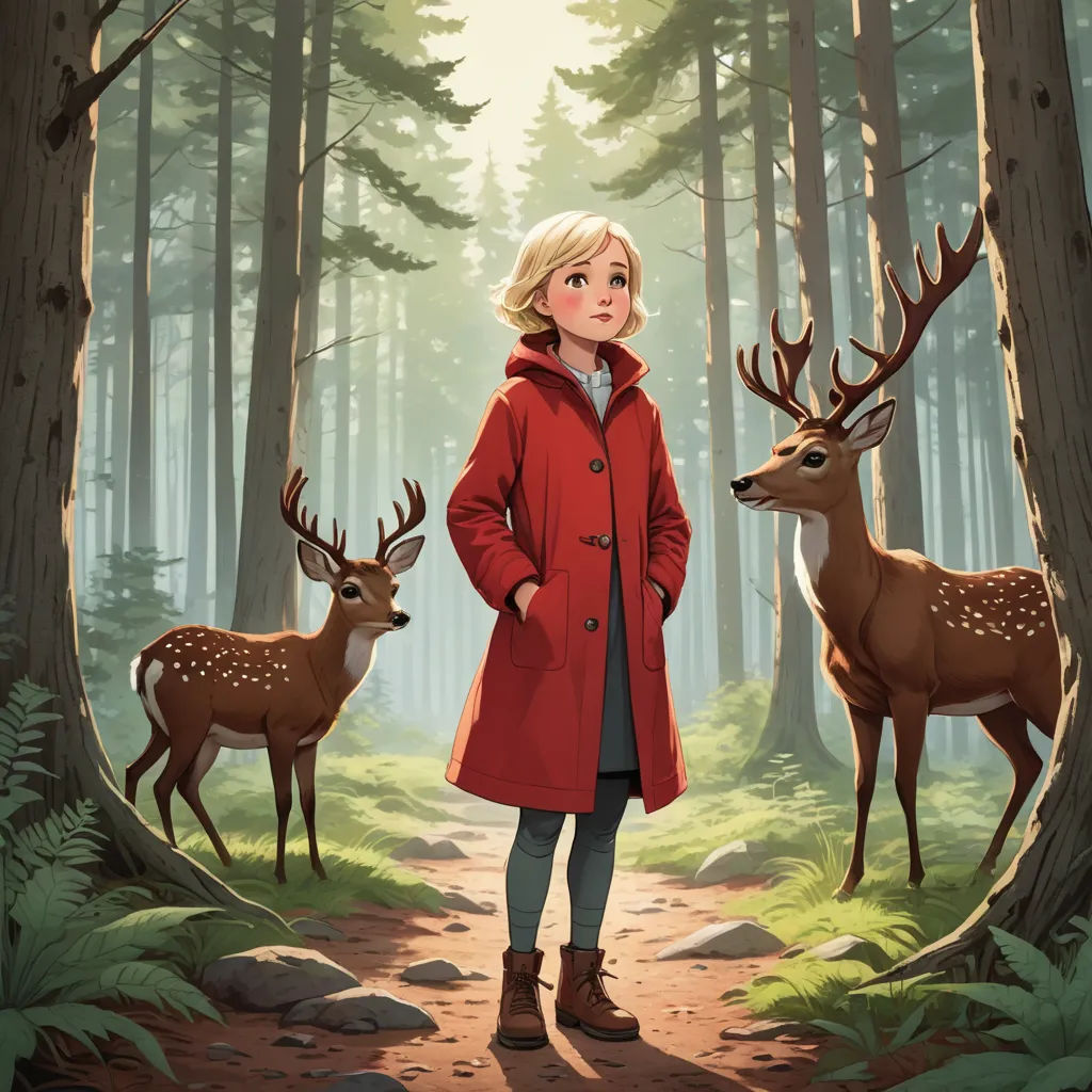 a woman standing in a forest with two deer behind her and a forest scene behind her with a woman in a red coat, magic realism, a storybook illustration, Esther Blaikie MacKinnon, promotional image