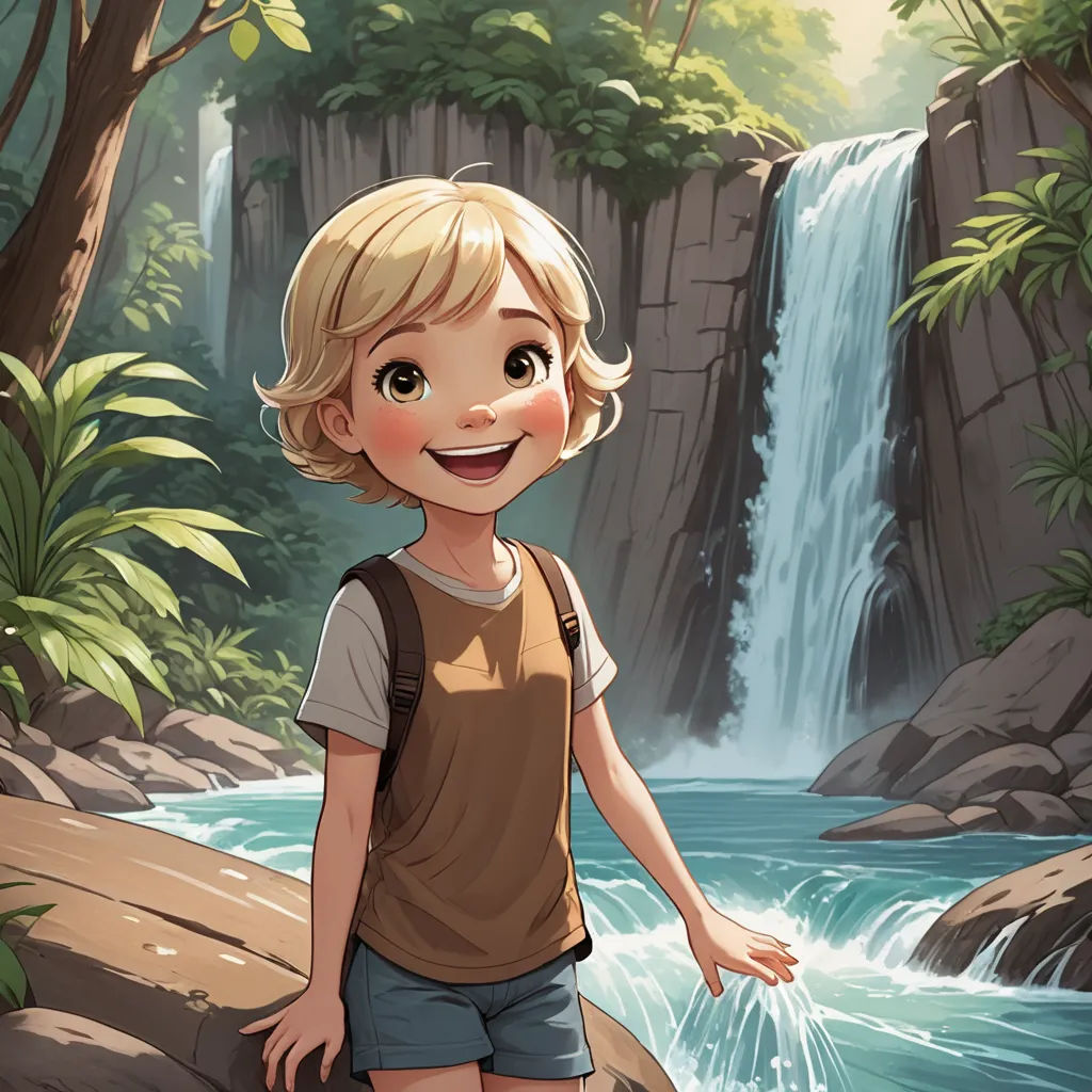 a boy standing in front of a waterfall in a forest with a waterfall behind him and a forest with a waterfall behind him, photorealism, a storybook illustration, Cliff Childs, rossdraws global illumination