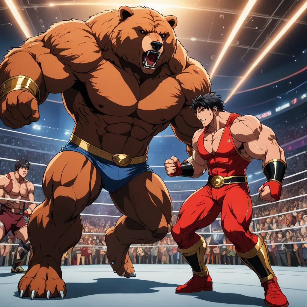 two men in a wrestling ring with a bear on the side of the ring and a man in a red shirt, furry art, concept art, Baiōken Eishun, official art