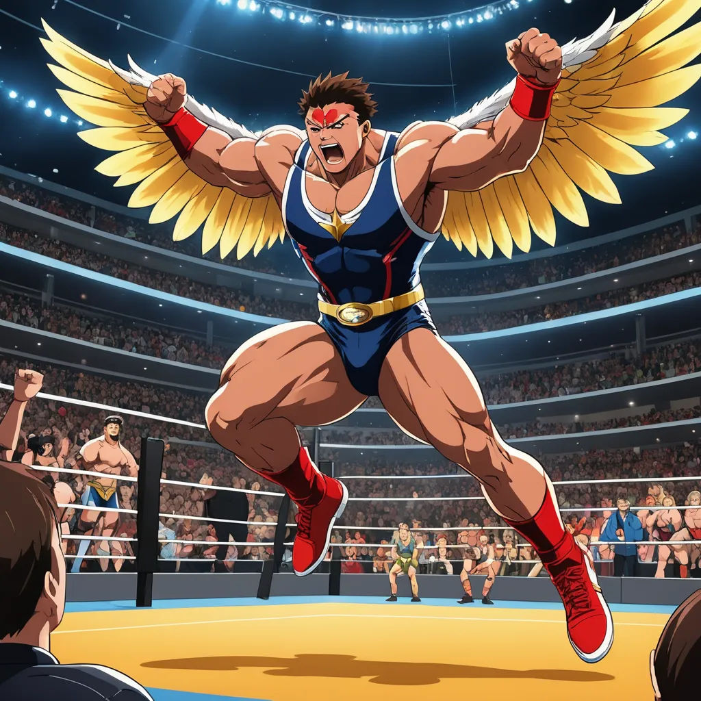 a wrestler in a ring with wings on his chest and a crowd watching him from the stands behind him, sots art, concept art, Baiōken Eishun, official art