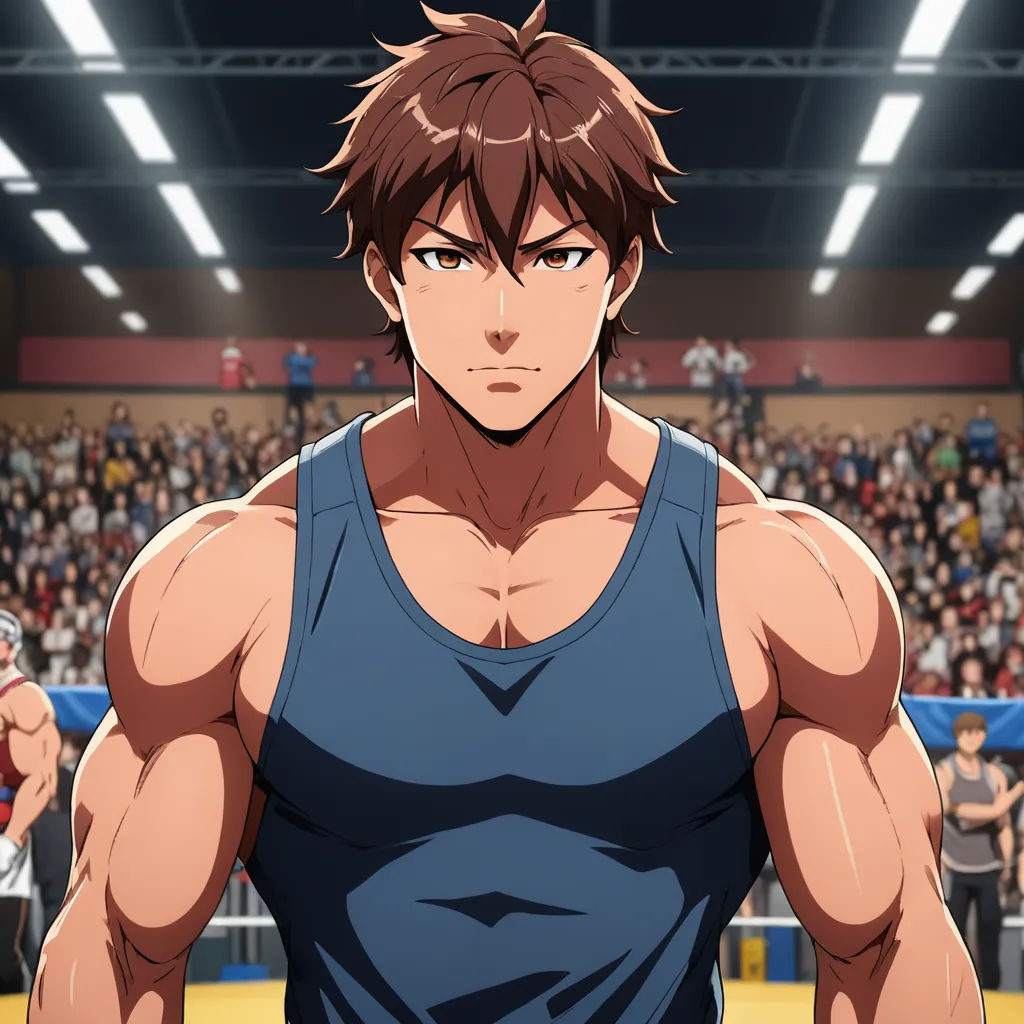 a man with a muscular body standing in front of a crowd of people in a gym area with a crowd of people in the background, sots art, a character portrait, Adam Manyoki, official art