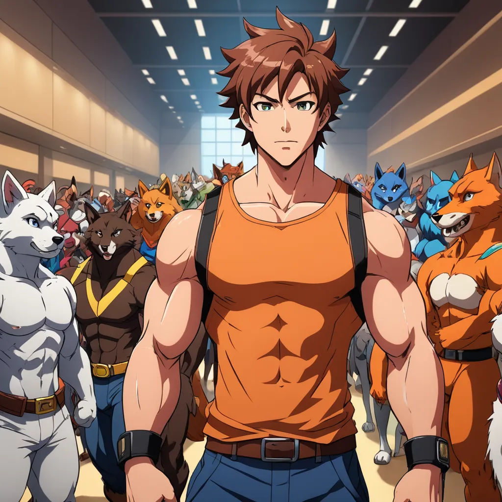 a man in an orange shirt surrounded by cats and other animals in a building with a ceiling light in the background, furry art, concept art, Baiōken Eishun, official art