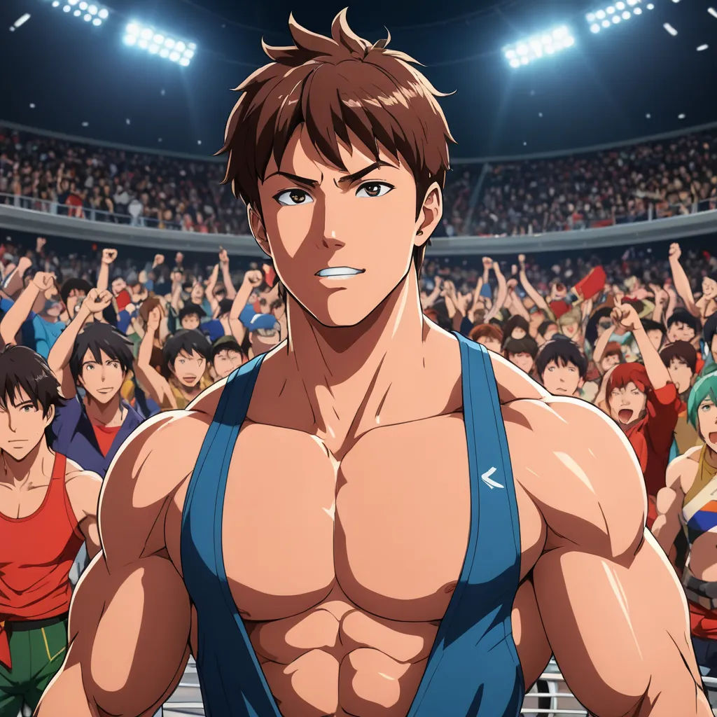 a man with a muscular body standing in front of a crowd of people in a stadium with his hands up, sots art, concept art, Adam Manyoki, official art