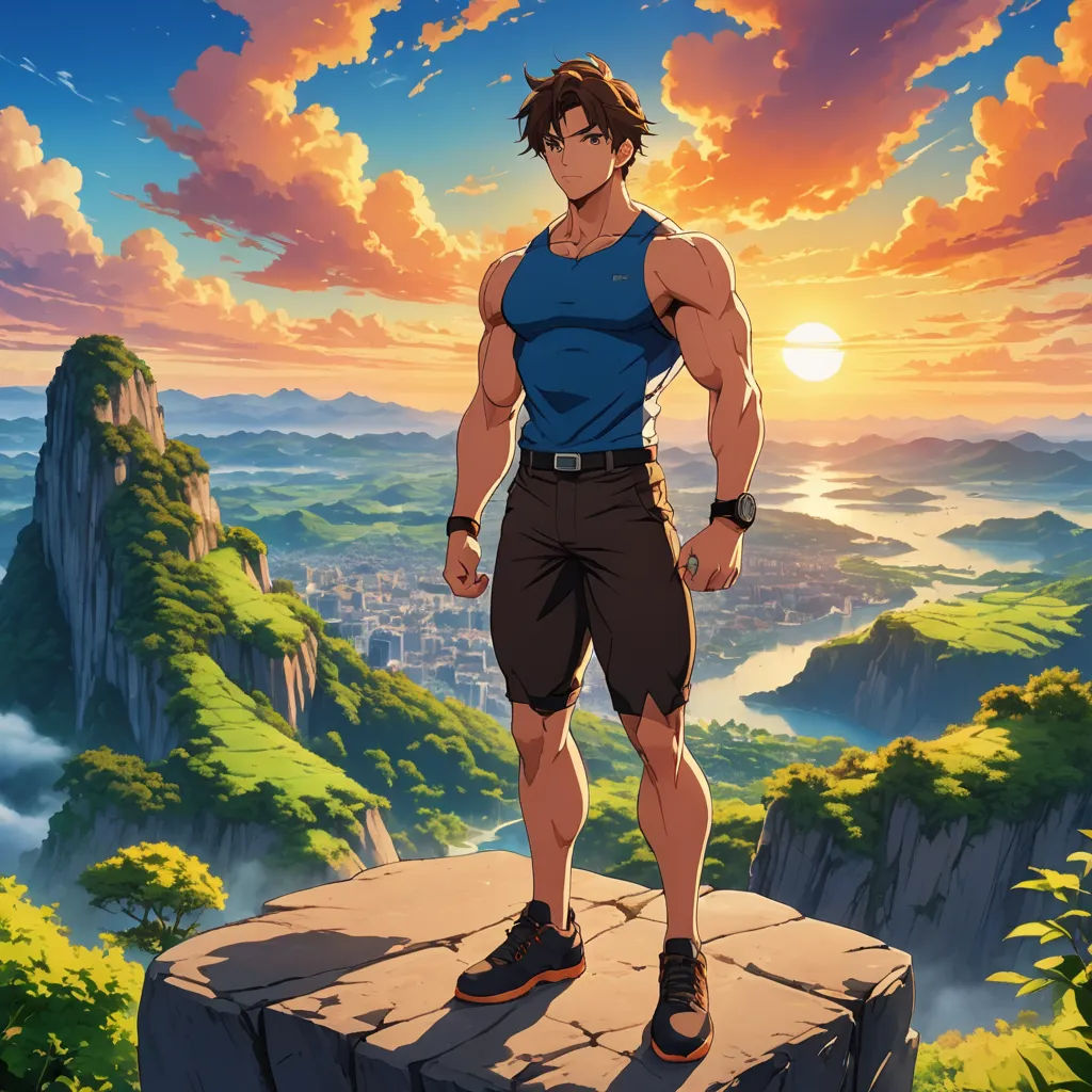 a man standing on top of a cliff with a sunset in the background and a mountain range in the foreground, aestheticism, a matte painting, Du Jin, anime key visual
