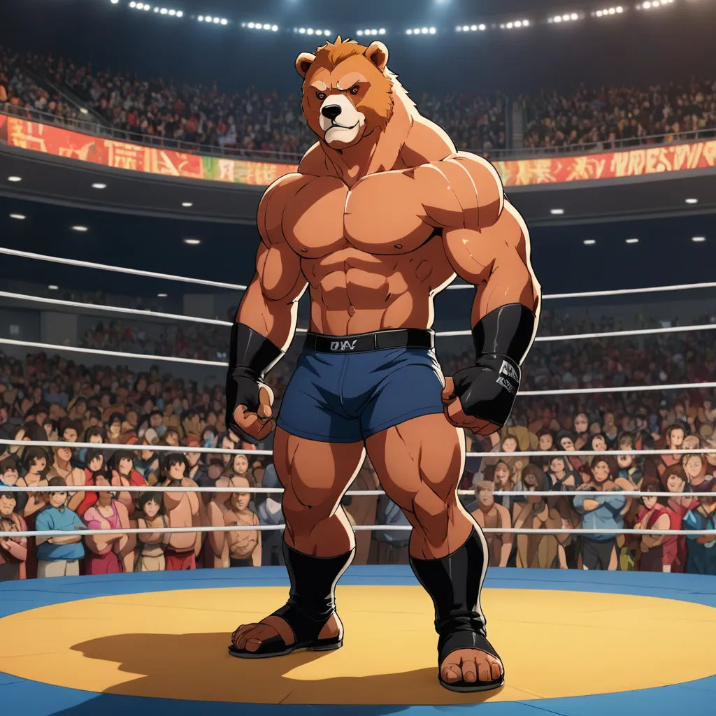 a cartoon of a wrestler standing in a ring with a bear on his chest and a crowd of people behind him, furry art, concept art, Cedric Seaut (Keos Masons), official art