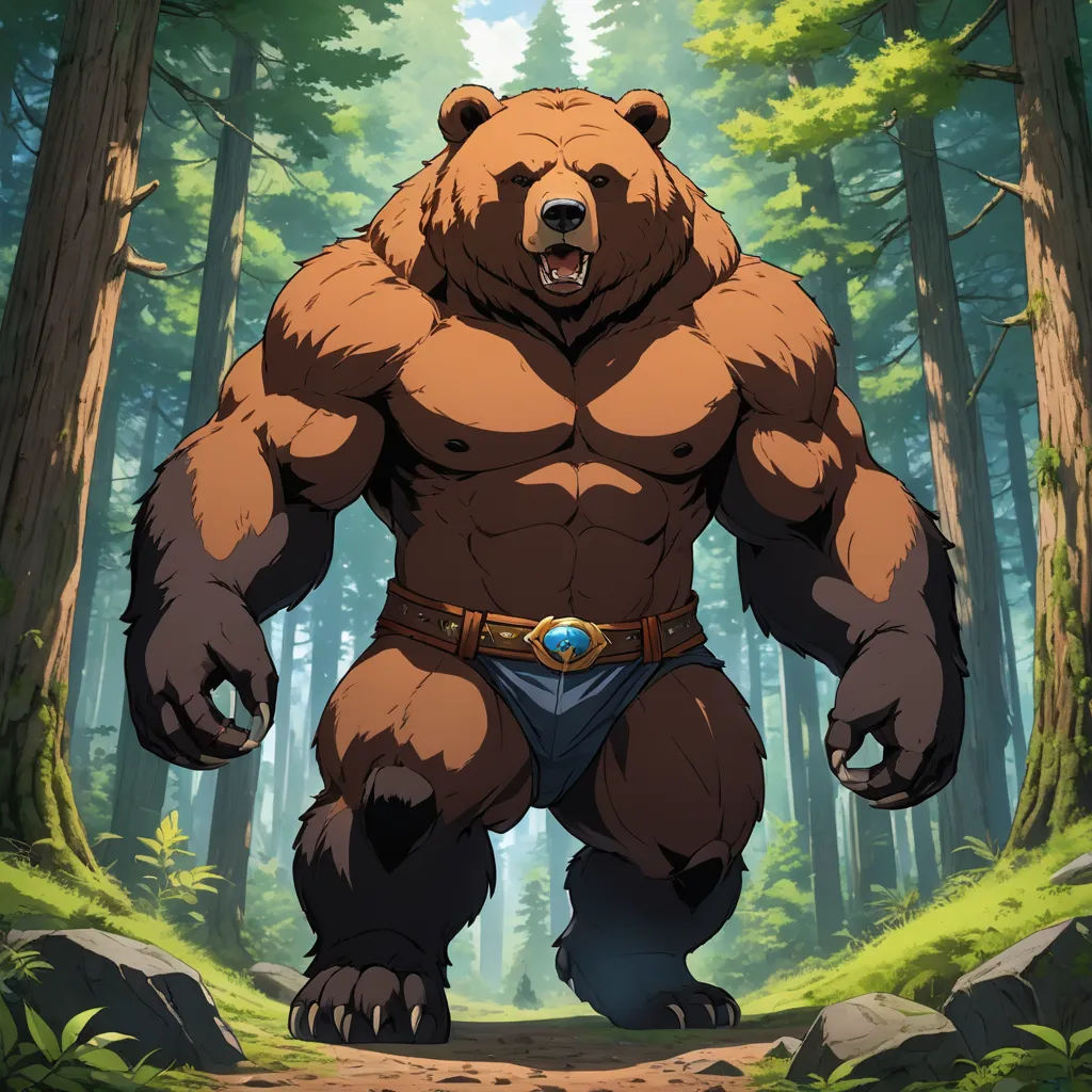 a big bear standing in the middle of a forest with a belt around his waist and a belt around his waist, furry art, concept art, Brom, official art