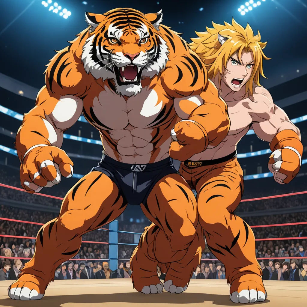 a tiger and a man in a wrestling ring with a crowd watching them from the stands in the background, furry art, concept art, Baiōken Eishun, official art