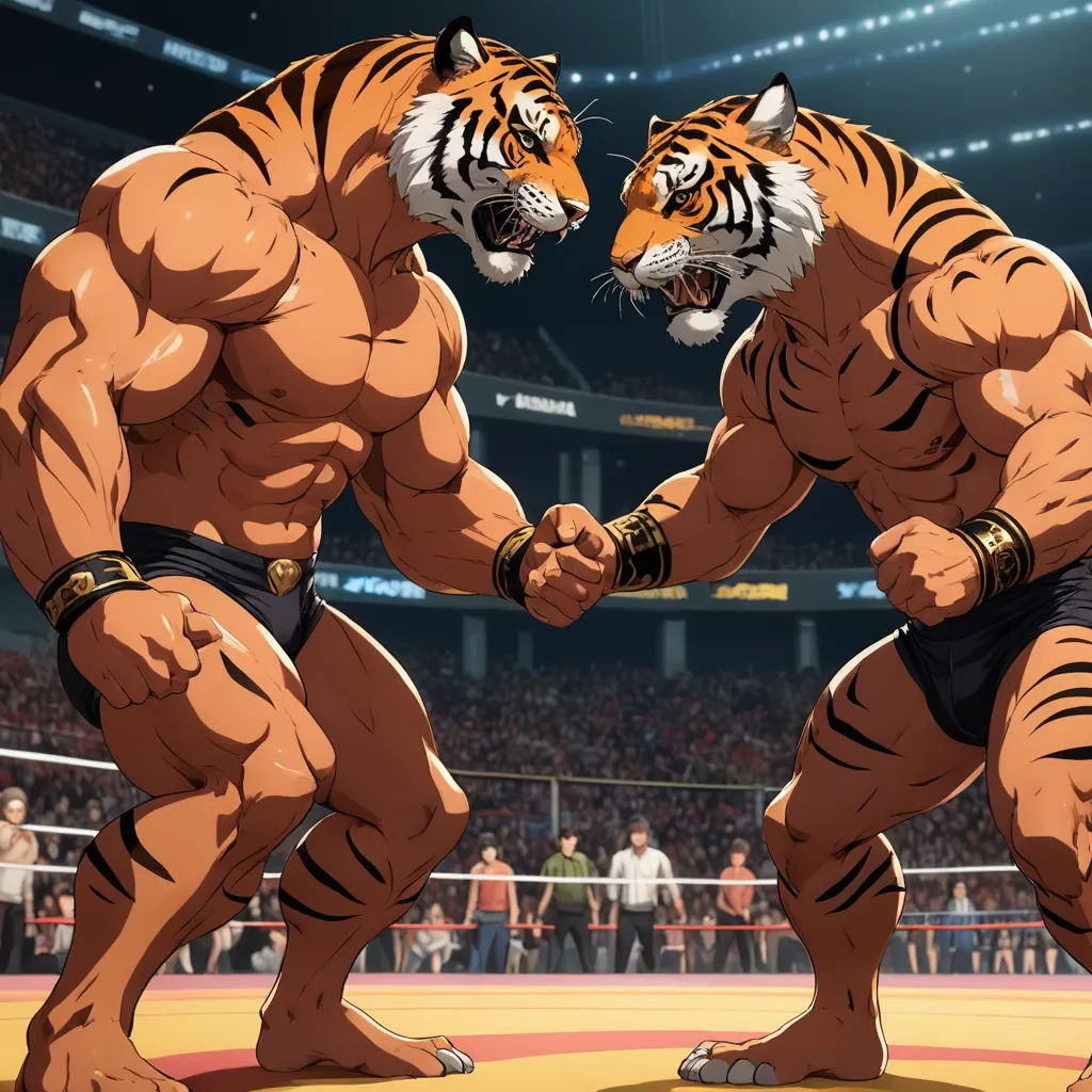 two tigers facing each other in a wrestling ring with spectators in the background at a sporting event or competition, furry art, concept art, Baiōken Eishun, rossdraws global illumination