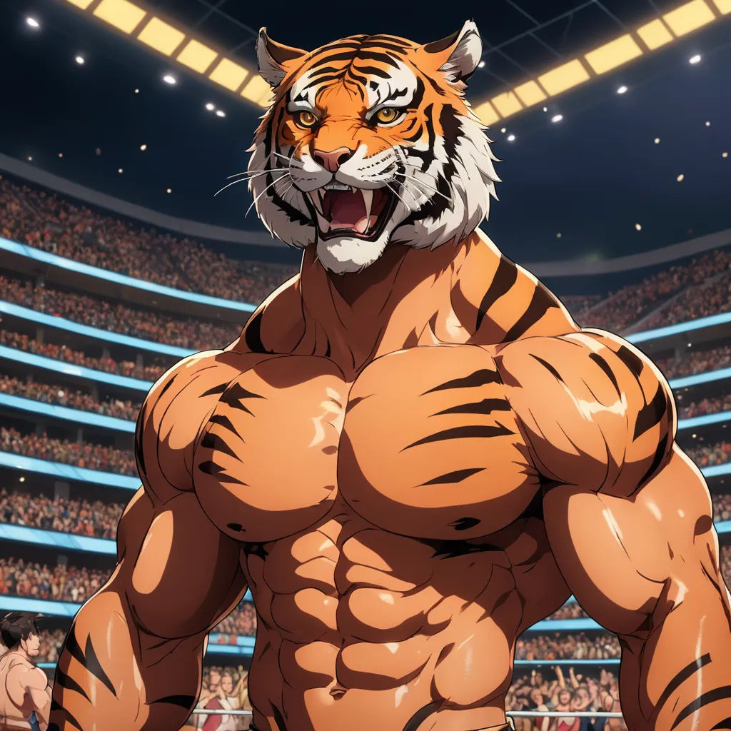 a cartoon tiger with a huge body in a stadium with a crowd of people in the stands watching it, furry art, concept art, Chen Hong, unreal engine highly rendered