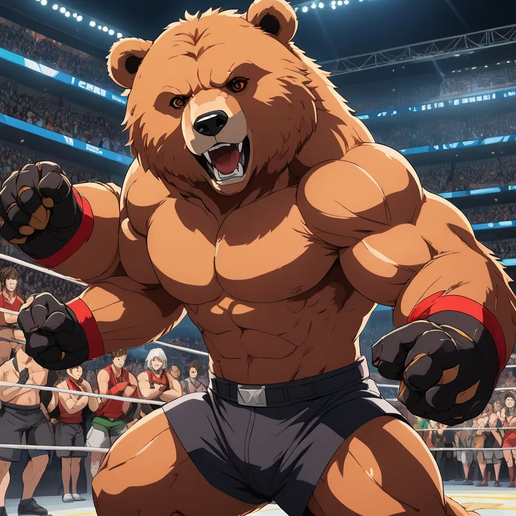a bear wrestler in a ring with a crowd of people watching him from the stands in the background,, furry art, concept art, Dimitre Manassiev Mehandjiysky, official art