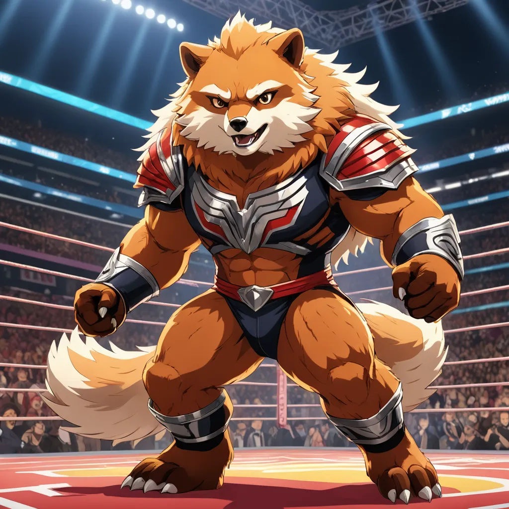a cartoon of a fox wrestler in a ring with a crowd in the background and a stadium full of people, furry art, concept art, Altoon Sultan, official art