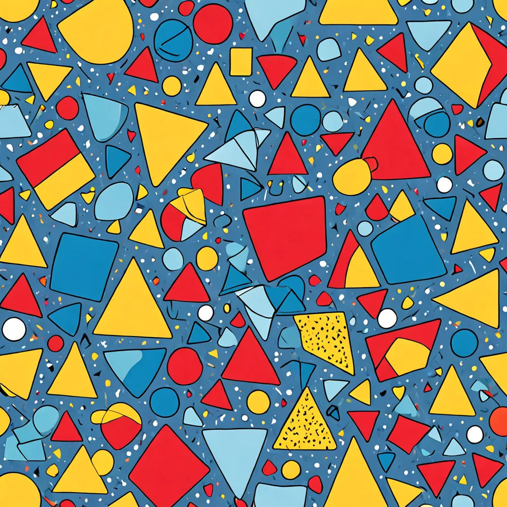 a colorful pattern of shapes and dots on a blue background with a yellow center and a red center and a blue center, geometric abstract art, a jigsaw puzzle, Alfred Manessier, geometric shapes