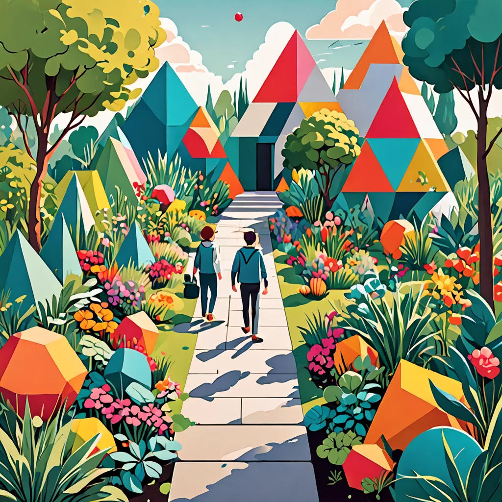 a painting of two people walking down a pathway in a garden with colorful trees and flowers on either side of the path, retrofuturism, a storybook illustration, Filip Hodas, liam brazier