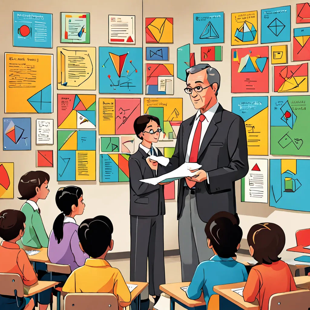 a man standing in front of a class of children in front of a bulletin board with colorful papers on it, academic art, a storybook illustration, Buckminster Fuller, promotional image