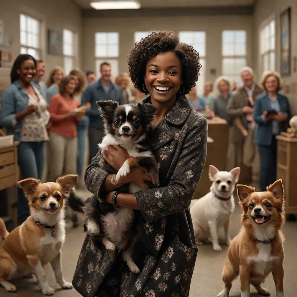a woman holding a dog in a room full of people and smiling at the camera with a group of dogs, furry art, a stock photo, David Teniers III, promotional image