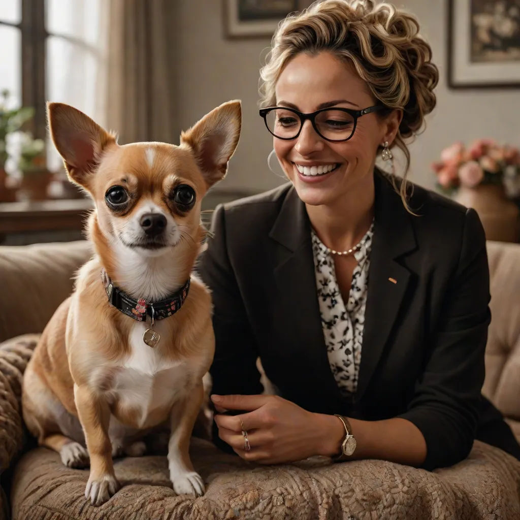 a woman sitting on a couch with a small dog in her lap and smiling at the camera, with a dog in her lap, hyperrealism, a character portrait, Daphne Fedarb, promotional image
