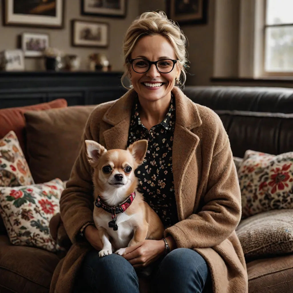 a woman sitting on a couch holding a small dog in her lap and smiling at the camera with a dog in her lap, private press, a character portrait, Elaine Duillo, portrait photography