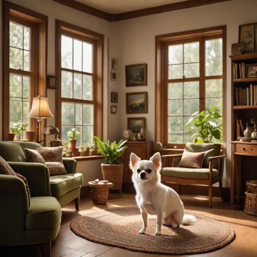 a small white dog sitting on a rug in a living room with two windows and a couch in the background, photorealism, a photorealistic painting, Chris LaBrooy, unreal engine highly rendered