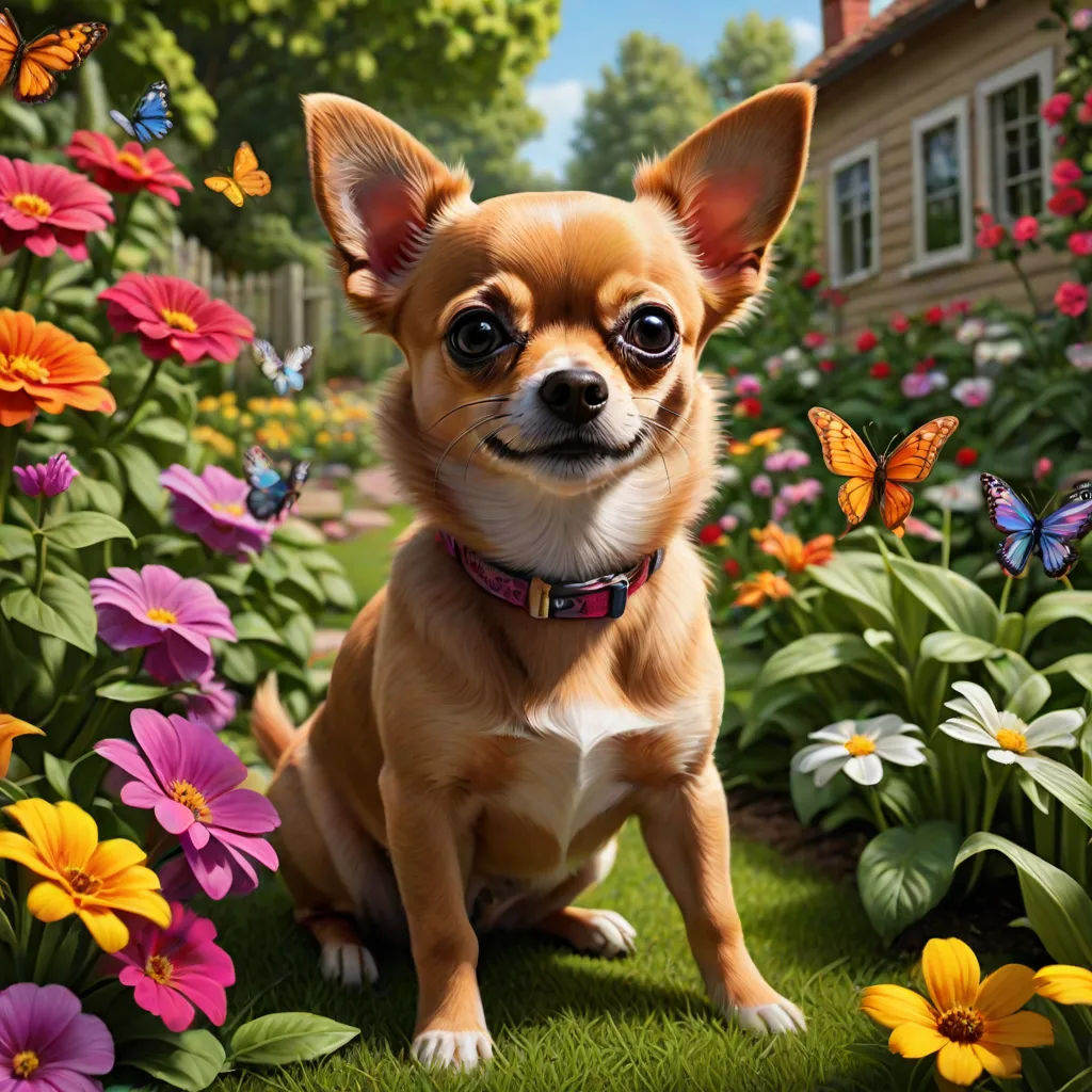 a small dog sitting in a field of flowers and butterflies with a house in the background and a butterfly in the foreground, photorealism, a photorealistic painting, Chris LaBrooy, highly detailed digital painting