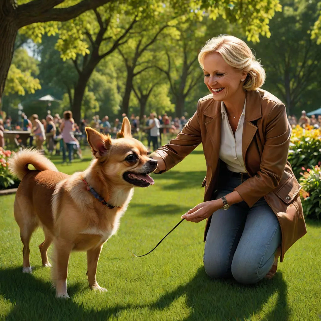 a woman kneeling down petting a dog on a leash in a park with people in the background and trees, american impressionism, a stock photo, David Park, promotional image