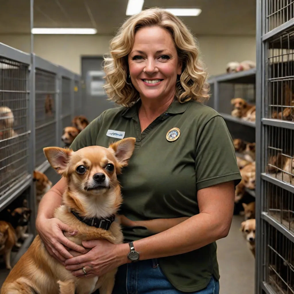 a woman holding a dog in a dog kennel with lots of dogs in the background and a woman in a green shirt, regionalism, a character portrait, Elaine Duillo, animal photography