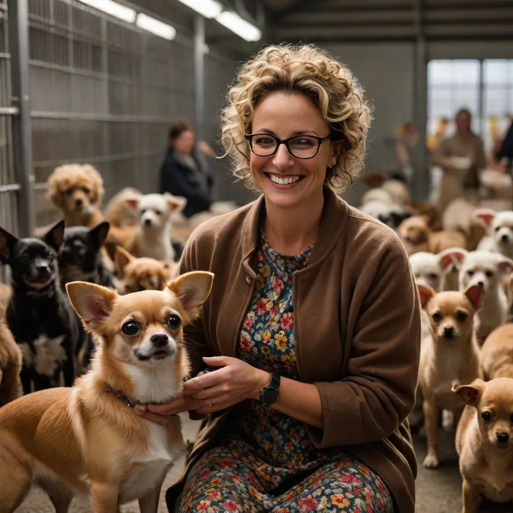a woman sitting on a floor surrounded by dogs in a pen with people standing around her and looking at the camera, maximalism, a character portrait, Elke Vogelsang, promotional image