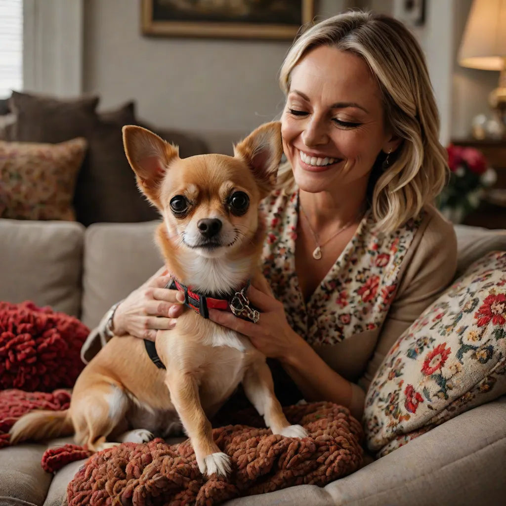 a woman sitting on a couch holding a small dog in her lap and smiling at the camera with a smile on her face, private press, a stock photo, Cindy Wright, promotional image