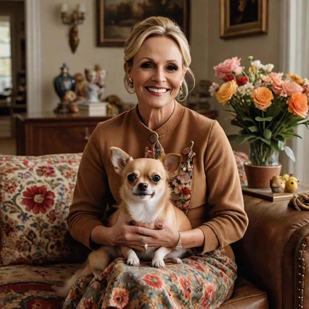 a woman sitting on a couch holding a small dog in her lap and smiling at the camera with a vase of flowers in the background, american impressionism, a character portrait, Evelyn Abelson, promotional image