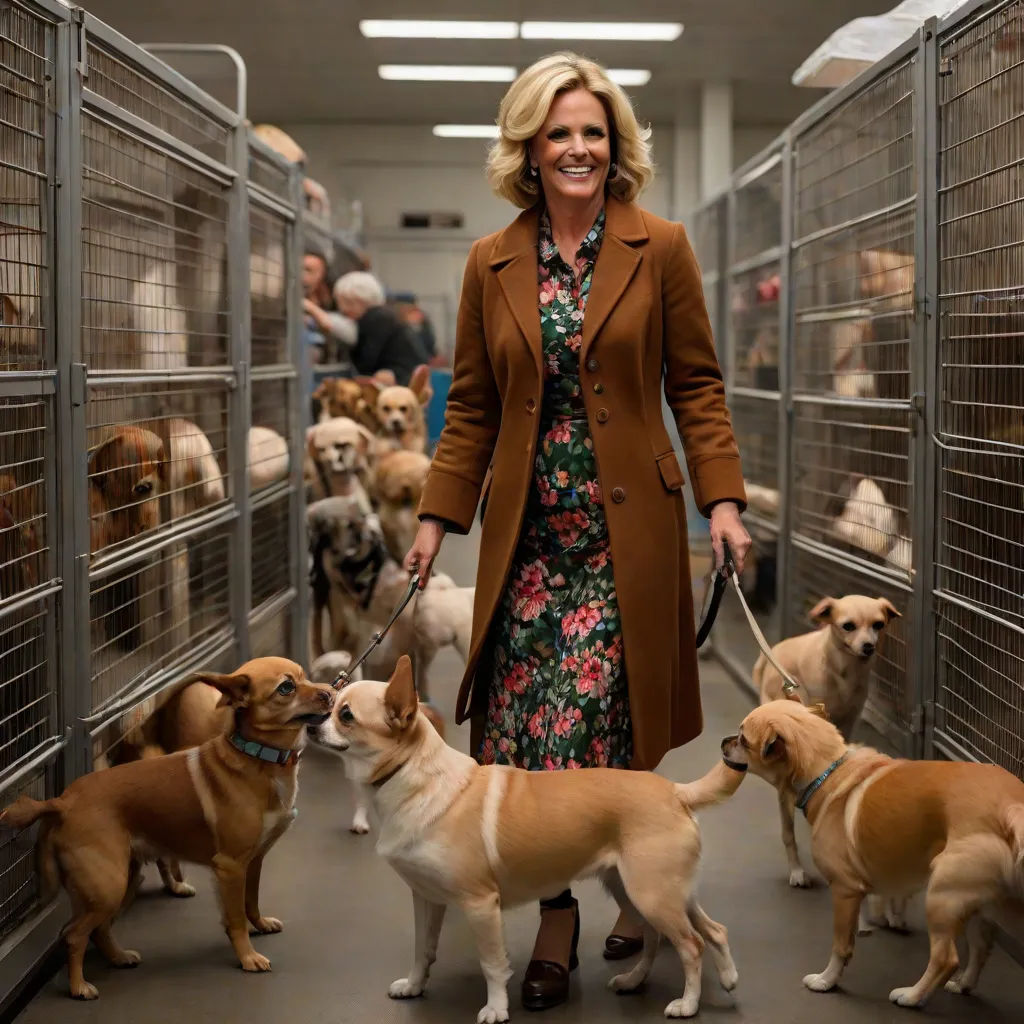 a woman in a brown coat and four dogs in a caged area with people in the background looking at them, maximalism, a character portrait, Alison Debenham, promotional image
