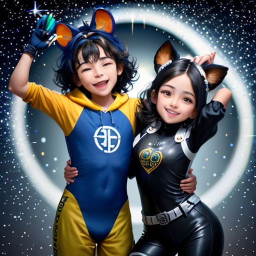 two children in costumes posing for a picture together in front of a space background with stars and a moon
