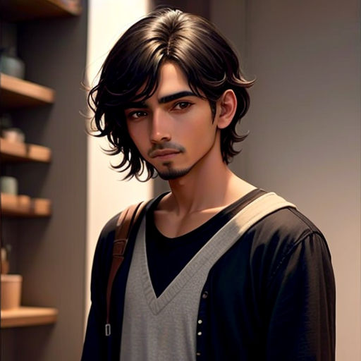 a man with a backpack standing in a room with shelves and shelves on the wall behind him and a man with a backpack on his shoulder