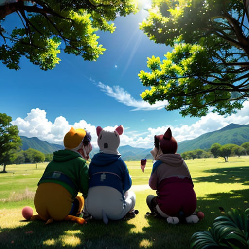 three cartoon characters sitting on the grass under a tree and looking at the sky and mountains in the distance