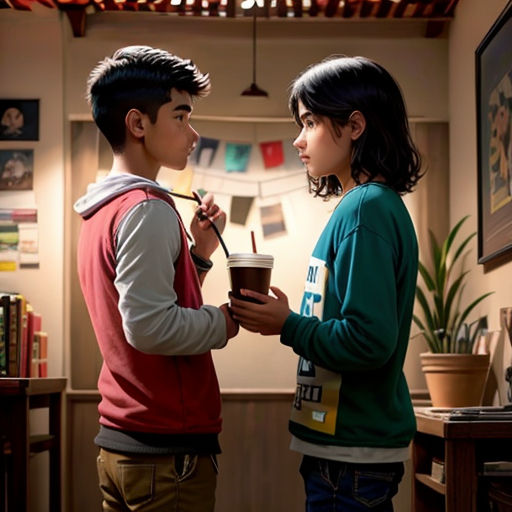 a boy and a girl standing in a room with a cup of coffee and a straw in their mouth
