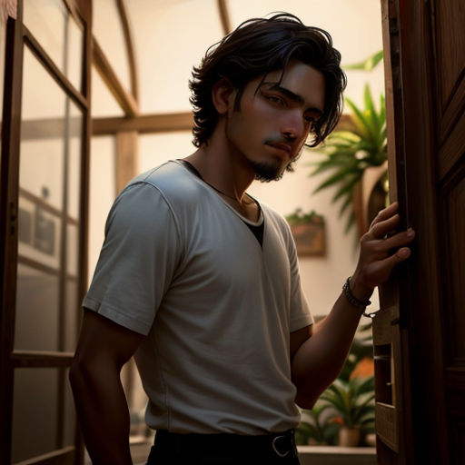 a man standing in a doorway with his hands on the door handle of a door, looking at the camera