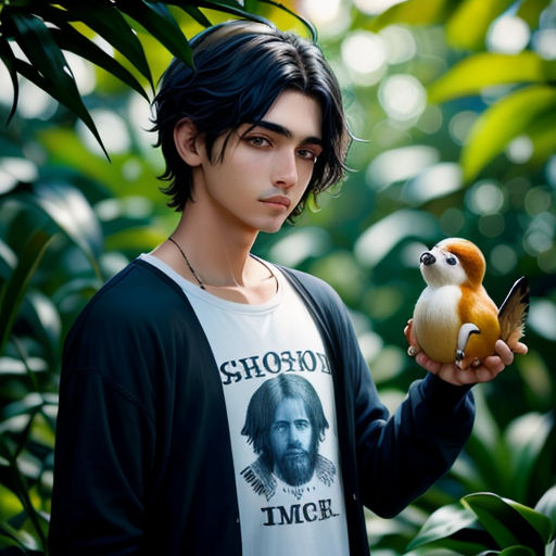 a man holding a stuffed animal bird in his hand and a monkey on his shoulder in front of him