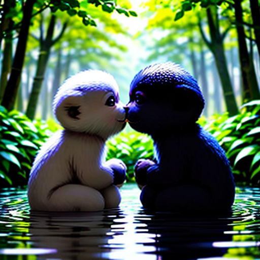 a couple of stuffed animals sitting next to each other in a forest filled with trees and bushes, kissing