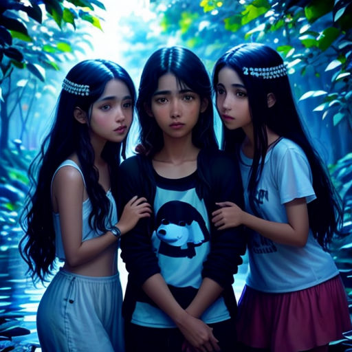three girls standing in a forest with trees in the background and a blue light behind them, with a blue background