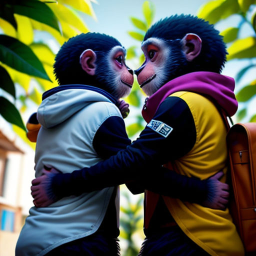 two monkeys are hugging each other in front of a tree and building with a backpack on it's back