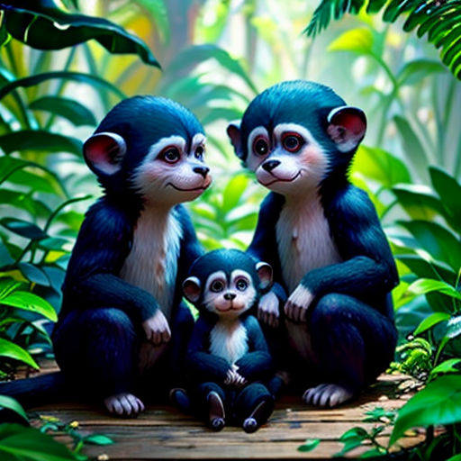 a couple of monkeys sitting next to each other on a wooden platform in a forest with green plants and trees