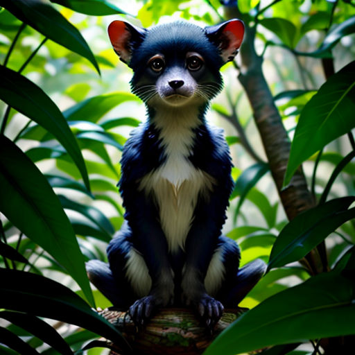 a small black and white animal sitting on a tree branch in a forest of green leaves and plants,