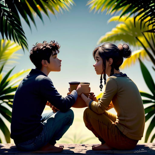 a couple of people sitting on a ledge next to each other holding a cup of coffee in front of palm trees