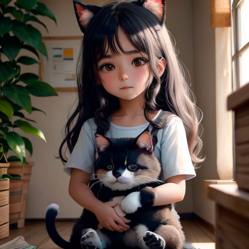 a girl holding a cat in her arms in a room with plants and a potted plant on the floor