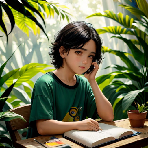 a painting of a boy sitting at a table with a book and cell phone to his ear and a plant in the background