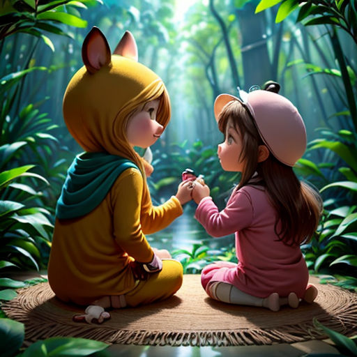 two little girls sitting on a rug in the woods together, one of them is holding a flower and the other is holding a flower