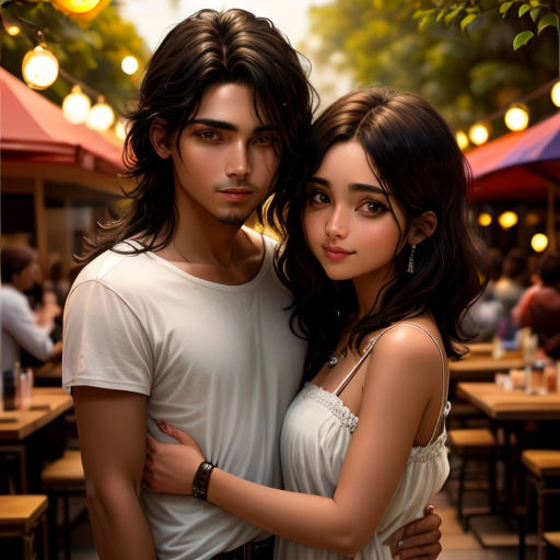 a couple of people standing next to each other in a restaurant area with tables and umbrellas in the background