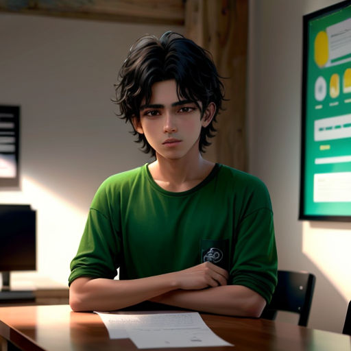 a young man sitting at a desk with his arms crossed in front of him, looking at the camera