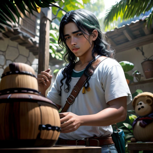 a woman with long hair and a white shirt is holding a wooden box and looking at it with a bear behind her