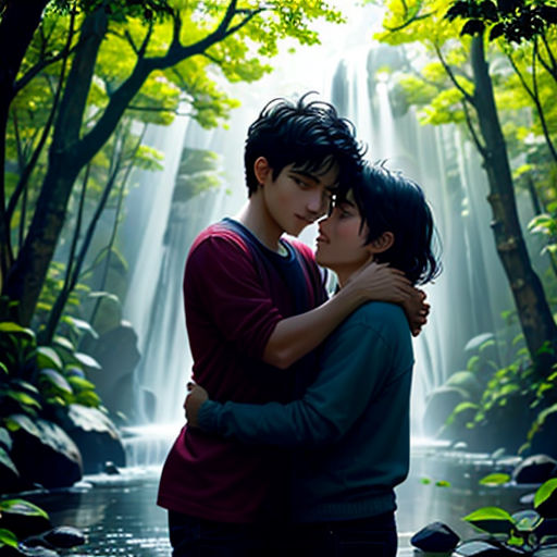 a couple hugging in front of a waterfall in the woods with a waterfall in the background and a waterfall in the foreground