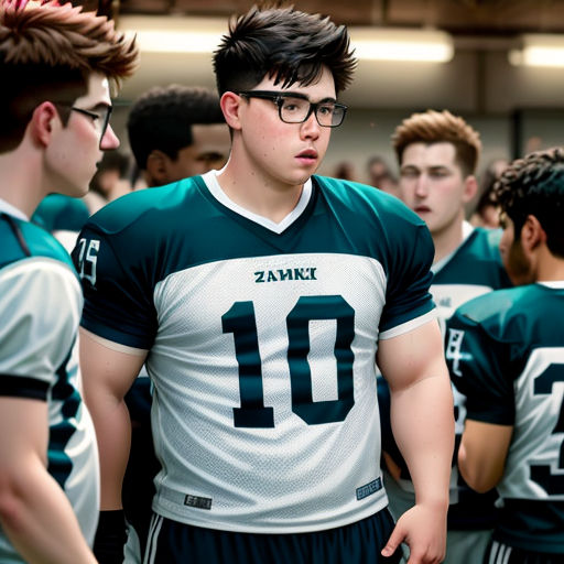 a group of young men standing next to each other in a gym wearing green and white uniforms and glasses